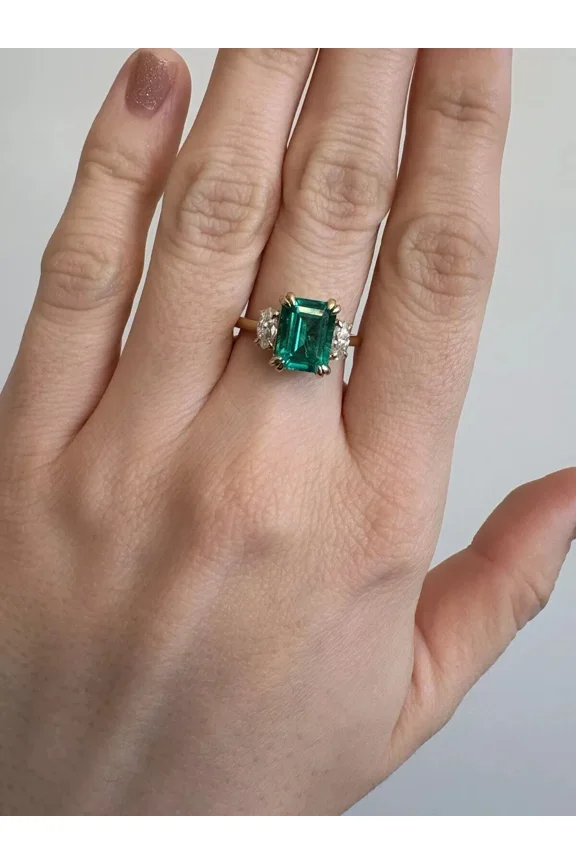 3Ct Emerald Cut Lab Created Green Emerald Engagement Wedding Ring in 14k Yellow gold Plated