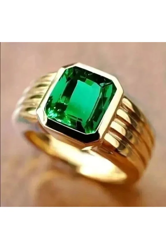 3Ct Emerald Cut Lab Created Green Emerald Men's Solitaire Ring in 14K Yellow Gold Plated