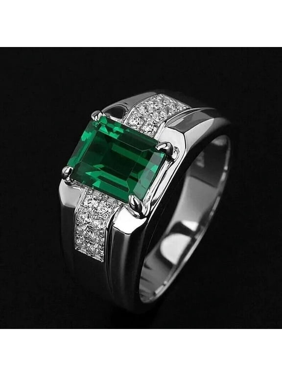 3Ct Emerald Cut Lab-Created Green Emerald Men's Wedding Ring Real 925 Sterling Silver
