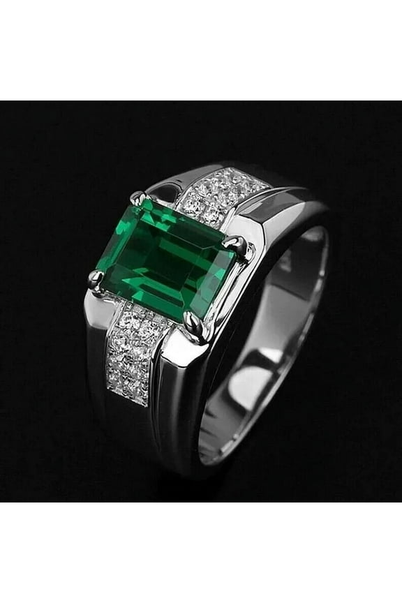 3Ct Emerald Cut Lab-Created Green Emerald Men's Wedding Ring Real 925 Sterling Silver