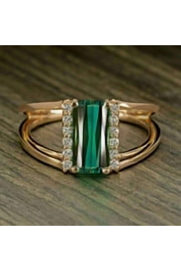 3Ct Emerald Cut Lab Created Green Emerald Women's Engagement Ring 14K Yellow Gold Plated Silver