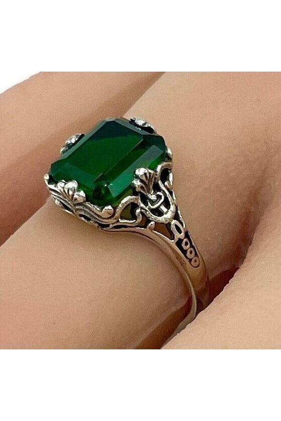 3Ct Emerald Cut Lab Created Green Emerald Women's Solitaire Birthday Gift Ring 14K White Gold Plated Silver