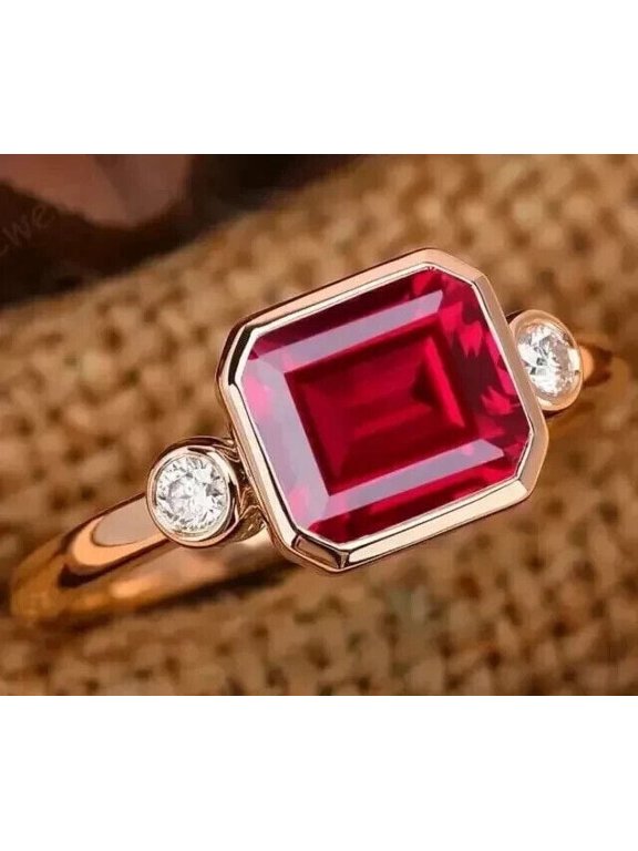 3Ct Emerald Cut Lab Created Red Ruby Solitaire Engagement Ring 14k Yellow Gold Plated Silver