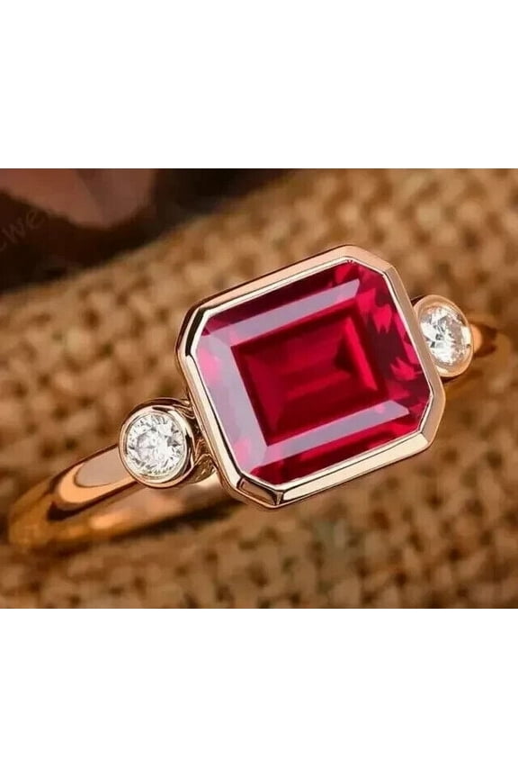 3Ct Emerald Cut Lab Created Red Ruby Solitaire Engagement Ring 14k Yellow Gold Plated Silver
