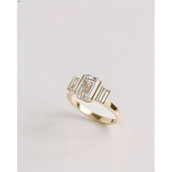 3Ct Emerald Cut Moissanite Three-Stone Unique Bezel Fit 14k Yellow Gold Plated