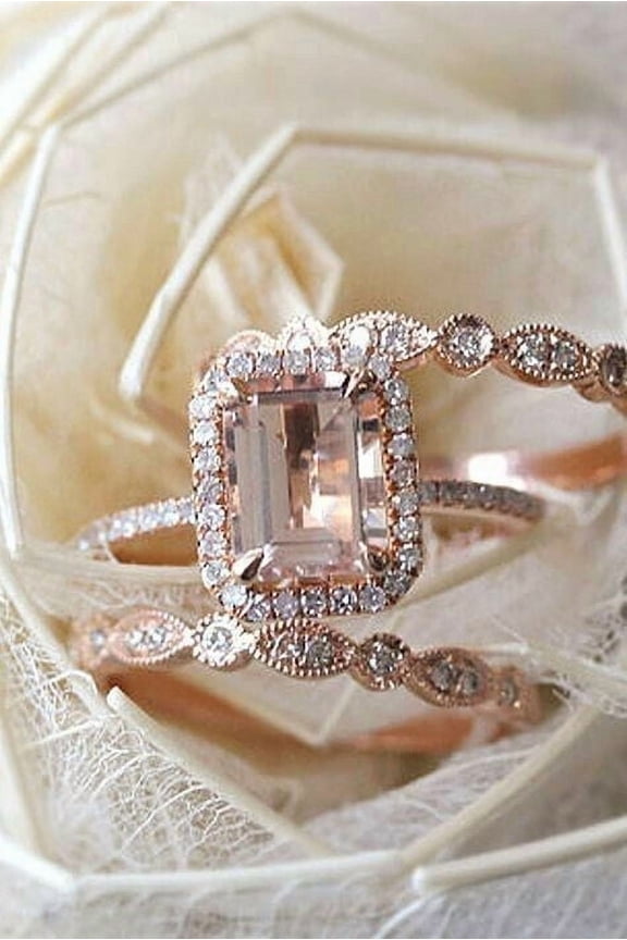 3Ct Emerald Cut Morganite Trio Set Women's Engagement Ring 14K Rose Gold Plated
