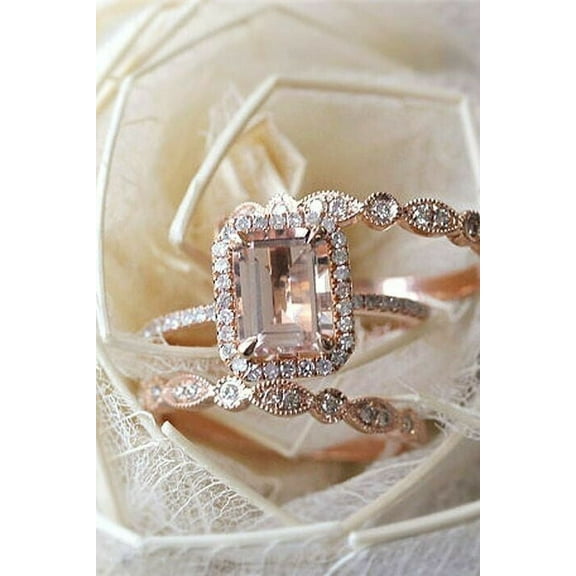 3Ct Emerald Cut Morganite Trio Set Women's Engagement Ring 14K Rose Gold Plated