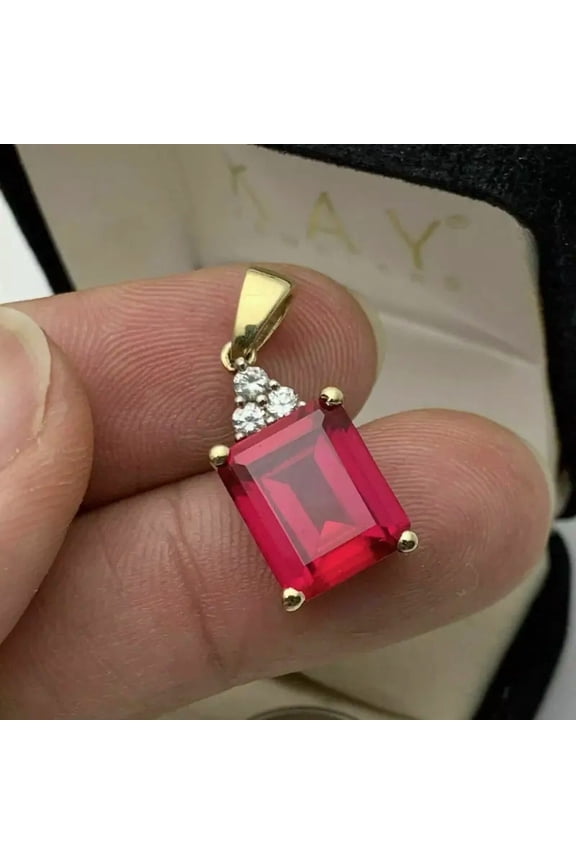 3Ct Emerald Cut Red Ruby Women's Classic Pendant 14K Yellow Gold Over Free Chain