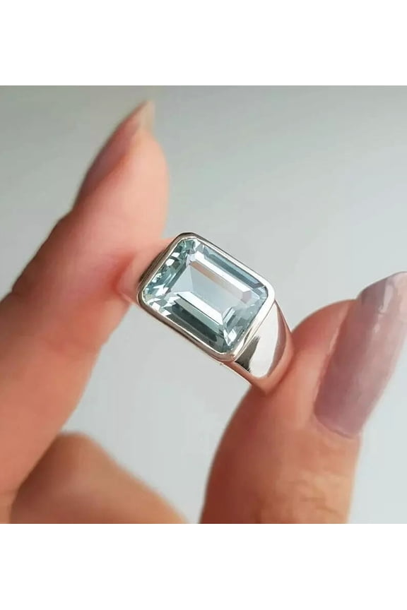 3Ct Emerald Cut Simulated Blue Aquamarine Solitaire Mens Engagement Ring 14K White Gold Plated 925 Silver