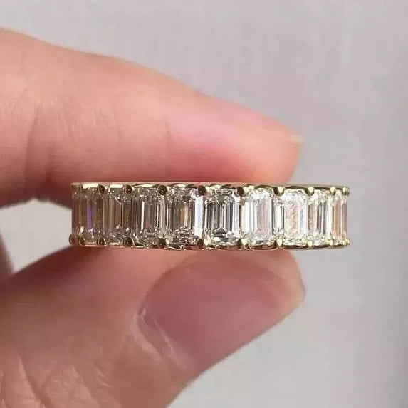 3Ct Emerald Cut Simulated Diamond Women's Wedding Full Eternity Band Ring 14K Yellow Gold Plated Silver