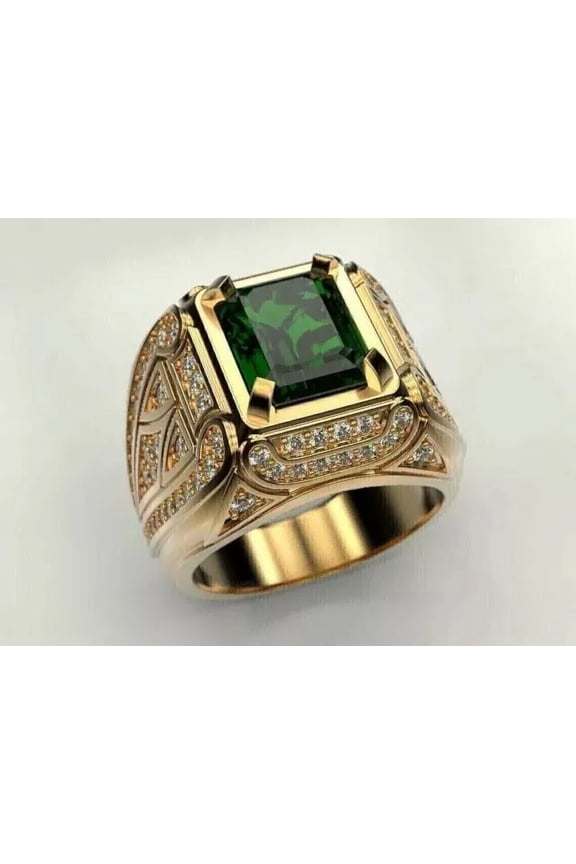 3Ct Emerald Cut lab Created Green Emerald Pinky Men's Ring 14K Yellow Gold Over