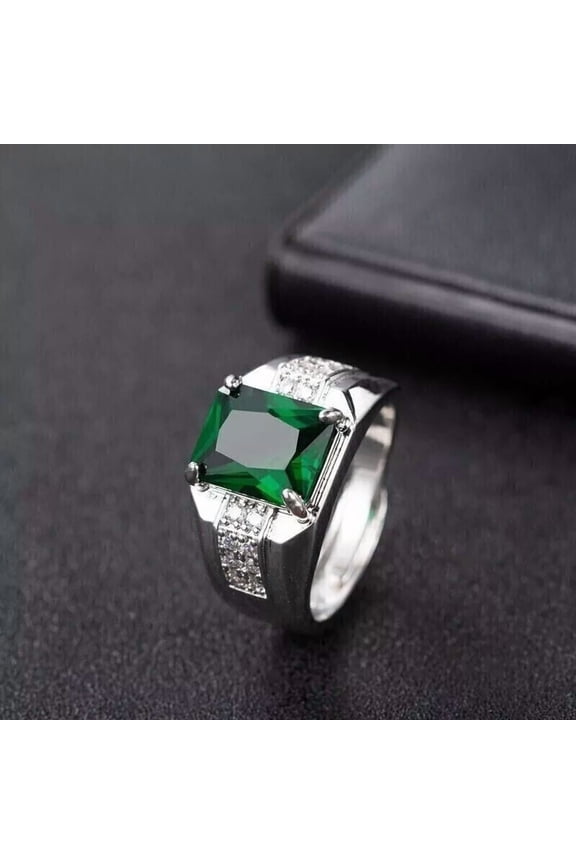 3Ct Emerald Lab-Created Green Emerald Men's Wedding Ring in 14K White Gold Plated