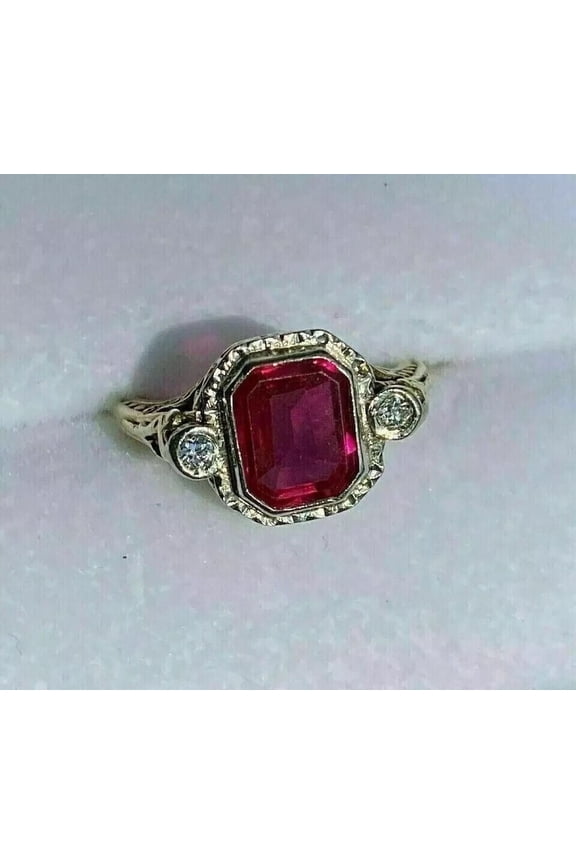 3Ct Emerald Simulated Red Ruby 14k Yellow Gold Plated Engagement 3-Stone Ring For Women's 925 Silver