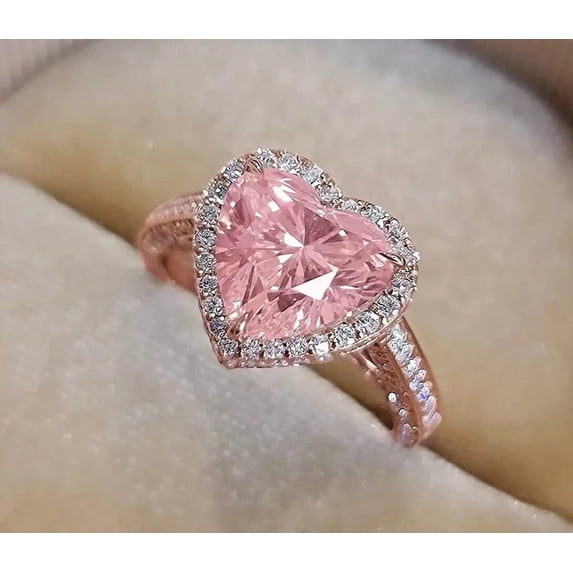 3Ct Heart Cut Lab Created Pink Sapphire Engagement Halo Ring 14k Rose Gold Plated Silver