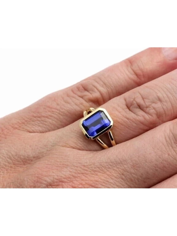 3Ct Lab Created Blue Sapphire Bezel Set Split Shank Ring 14K Yellow Gold Plated