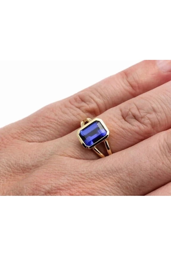 3Ct Lab Created Blue Sapphire Bezel Set Split Shank Ring 14K Yellow Gold Plated