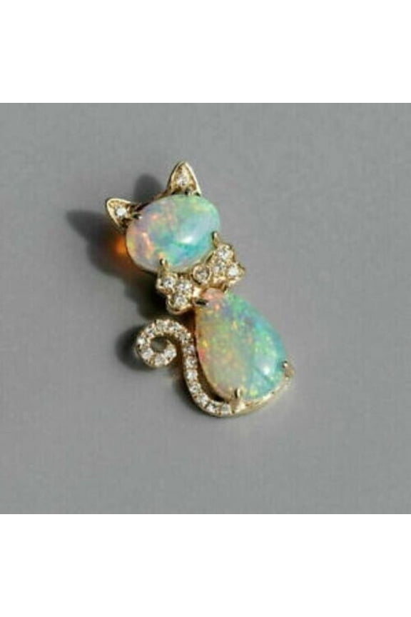 3Ct Lab Created Fire Opal Oval Cut Pendant 14K Yellow Gold Finish Adorable Cat 18"Free Chain
