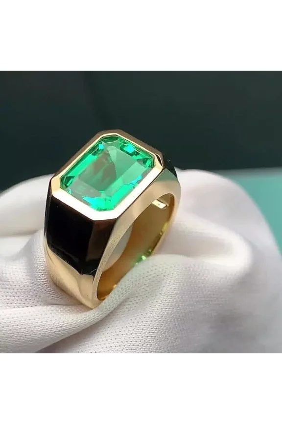3Ct Lab-Created Green Emerald Men's Solitaire Wedding Ring 14K Yellow Gold Plated