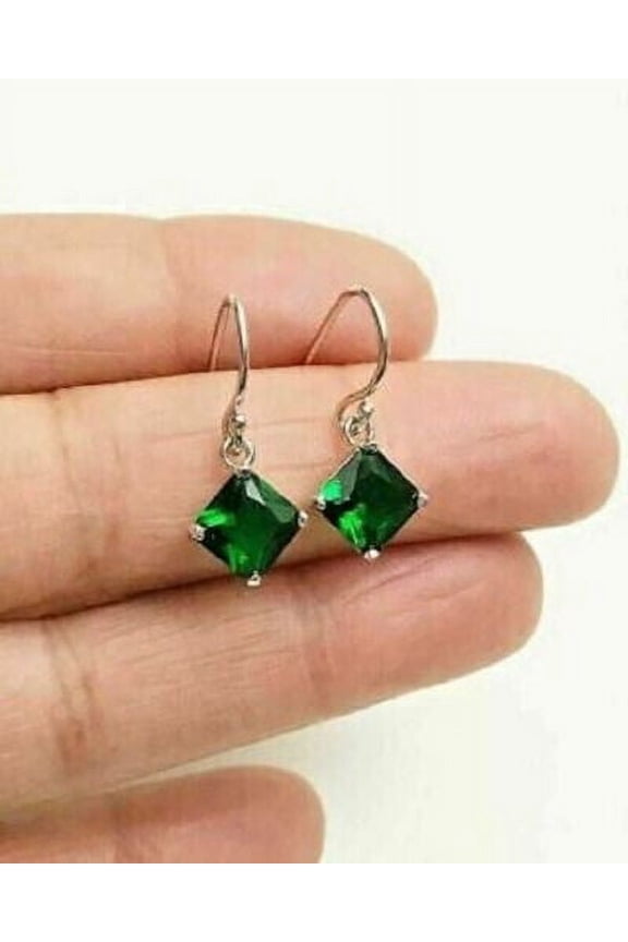 3Ct Lab Created Green Emerald Women's Drop/Dangle Earrings 14K White Gold Plated Silver