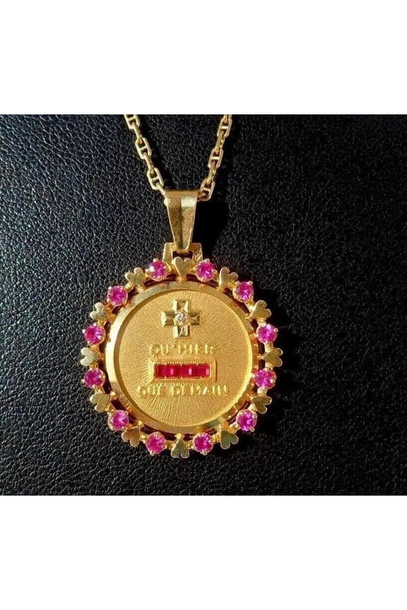 3Ct Lab-Created Red Ruby 14K Yellow Gold Finish Qu'hier Que Demain Love Pendant