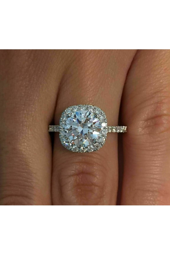 3Ct Lab Created Round Halo Diamond Engagement Ring 14K White Gold Plated Sterling Silver