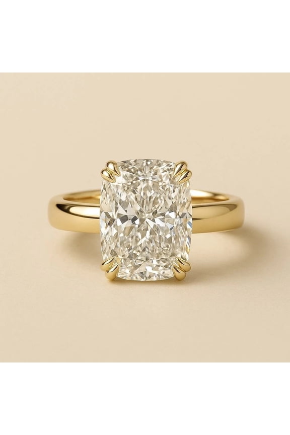 3Ct Long Cushion Cut Certified Lab Created Diamond Solitaire Ring 14kt Yellow Gold Plated