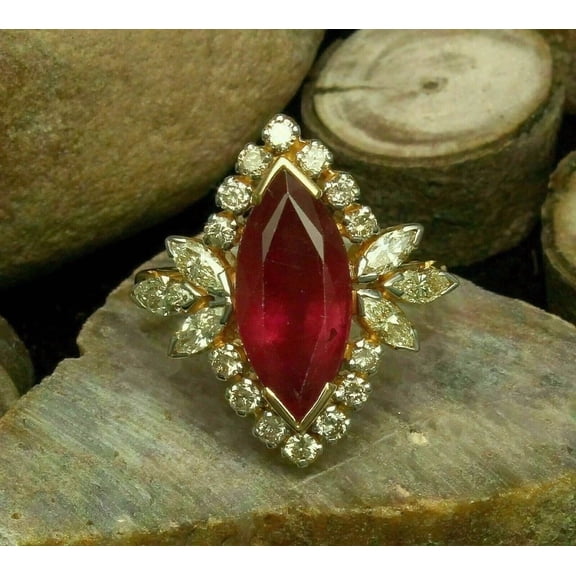 3Ct Marquise Cut Lab Created Red Ruby Halo Wedding Ring 14K Yellow Gold Finish