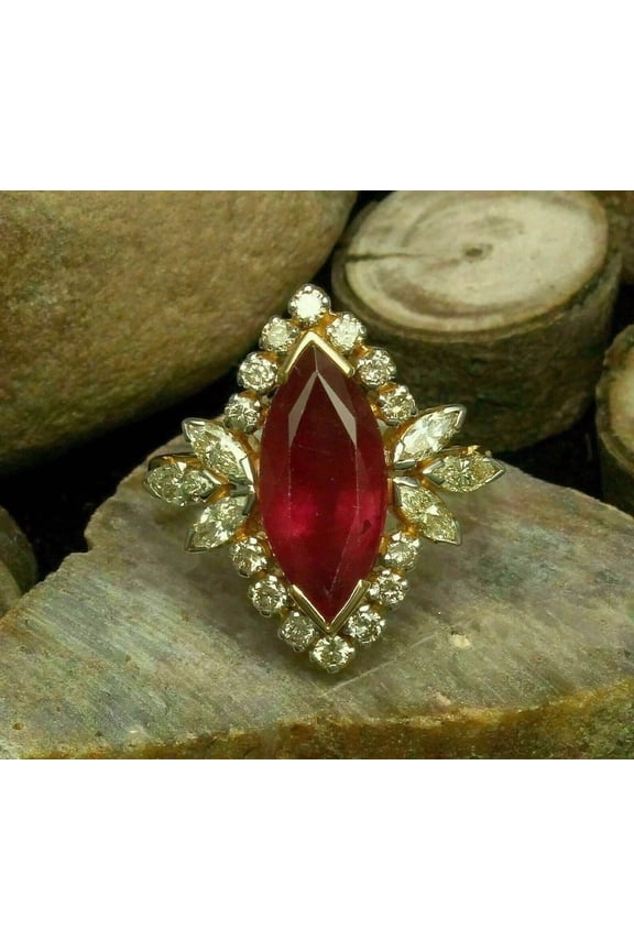 3Ct Marquise Cut Lab Created Red Ruby Halo Wedding Ring 14K Yellow Gold Finish