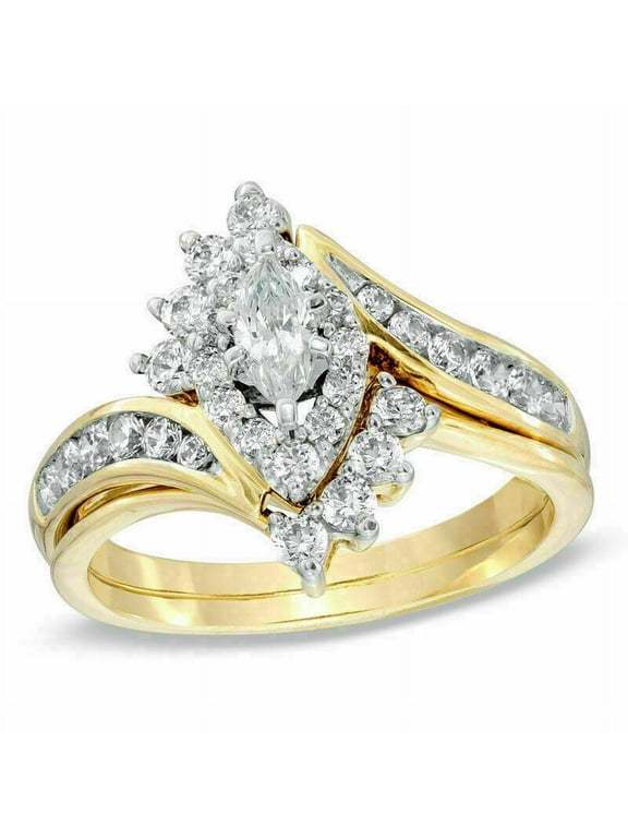 3Ct Marquise Cut White Diamond 14K Gold Plated Engagement Wedding Ring Set