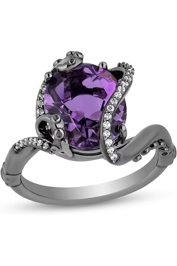 3Ct Oval Cut Amethyst Halo Ring with Black Rhodium Plated