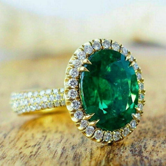 3Ct Oval Cut Green Emerald & Diamond Halo Women's Engagement Ring 14k Yellow Gold Finish -6