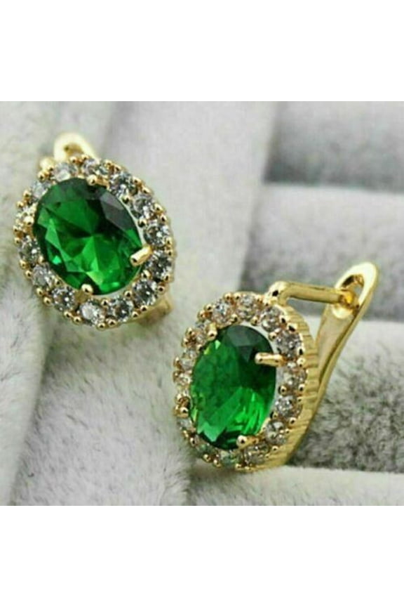 3Ct Oval Cut Lab Created Green Emerald & Diamond Halo Hoop Earrings 14K Yellow Gold Plated Silver