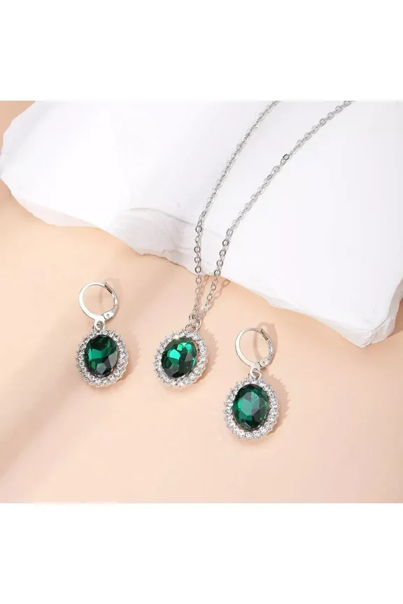3Ct Oval Cut Lab-Created Green Emerald Valentine's Day Gift For Mom Mix Jewelry Set 14K White Gold Plated