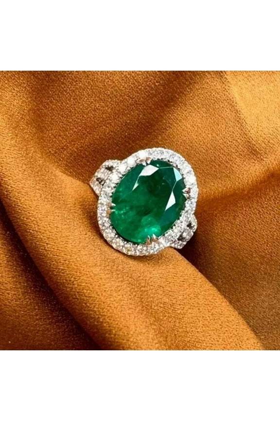 3Ct Oval Cut Lab Created Green Emerald Women's Engagement Wedding Halo Ring In 14k White Gold Plated