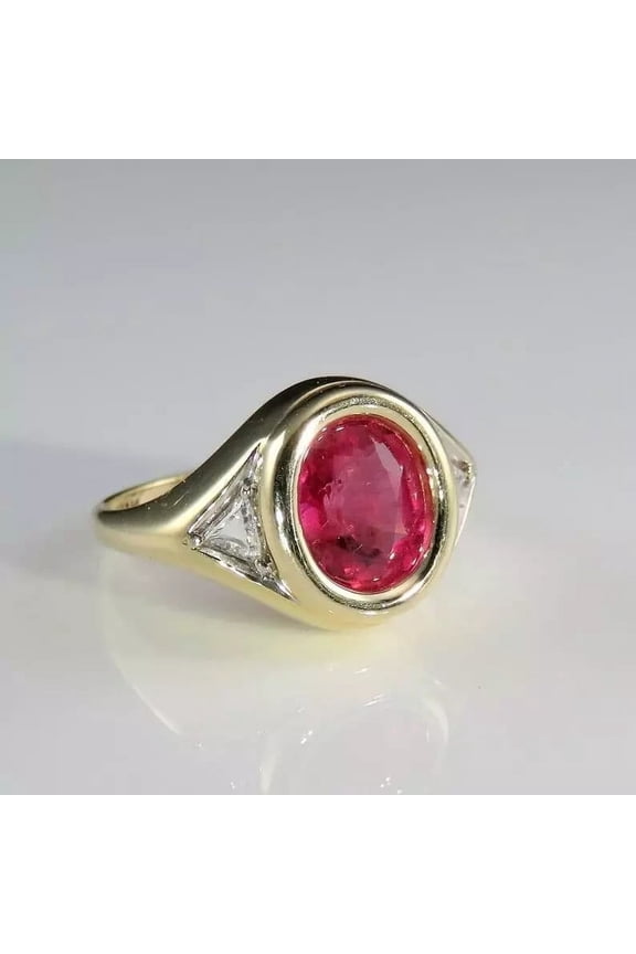 3Ct Oval Cut Lab-Created Red Ruby Bezel Set Women's Engagement Ring 14k Yellow Gold Plated Silver