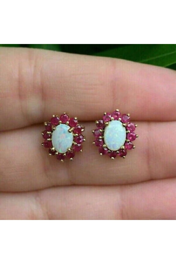 3Ct Oval Cut Natural Fire Opal & Red Ruby Women's Flower Stud Earrings 14K Yellow Gold Plated