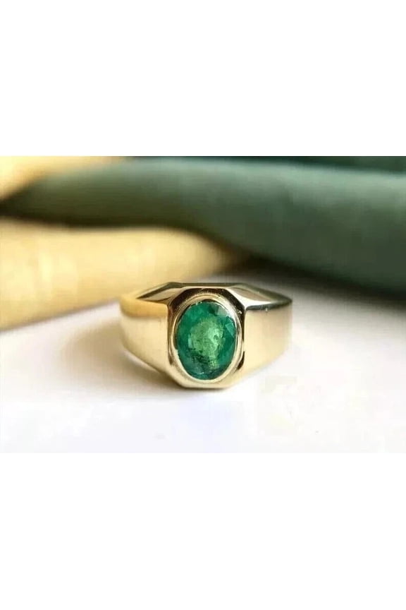 3Ct Oval Cut Natural Green Emerald Men's Bezel Band Ring 14K Yellow Gold Plated
