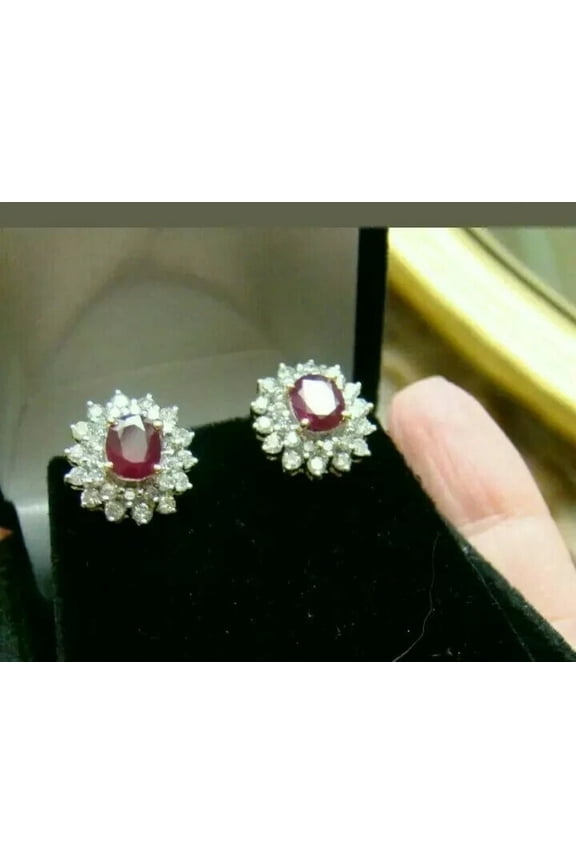 3Ct Oval Cut Red Ruby & Diamond Push Back Double Halo Stud Earrings 14K White Gold Over