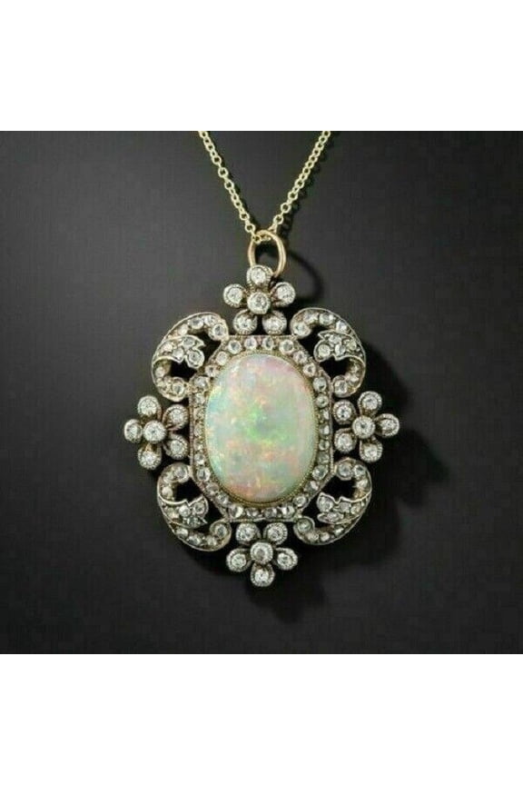 3Ct Oval Fire Opal Lab Created Pendant Necklace 14K Two Tone Gold Finish Free Chain