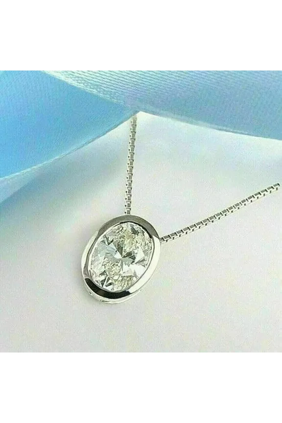 3Ct Oval Lab Created Diamond 14k White Gold Plated 925 Bezel Solitaire Pendant