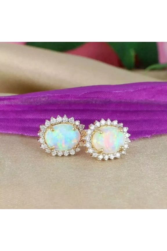3Ct Oval Lab-Created Fire Opal Halo Stud Earrings 14K Yellow Gold Plated Silver