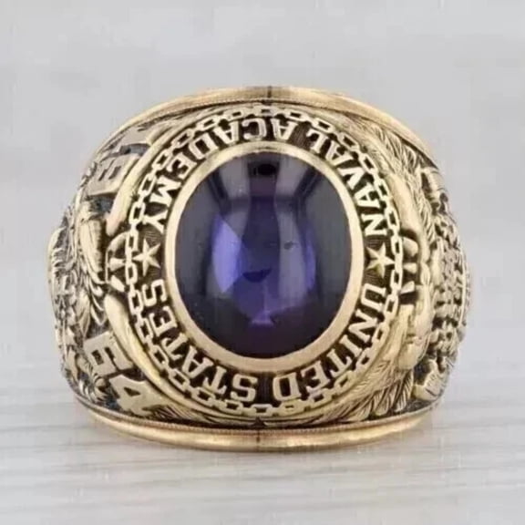 3Ct Oval Lab-Created Sapphire Naval Academy Style Aggie Ring 14K Yellow Gold Plated Statement Ring