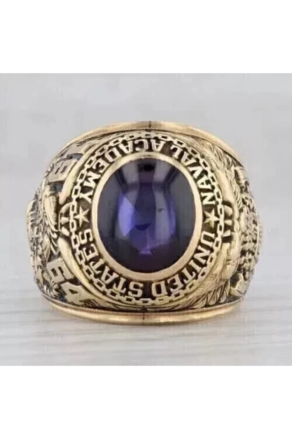 3Ct Oval Lab-Created Sapphire Naval Academy Style Aggie Ring 14K Yellow Gold Plated Statement Ring