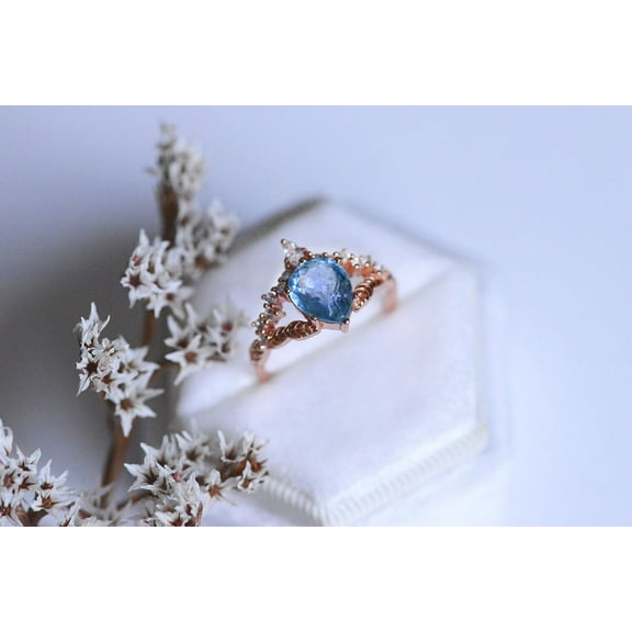3Ct Pear Cut Aquamarine Ring, Floral Rose Gold Ring. Unique Twig Ring, Size 6