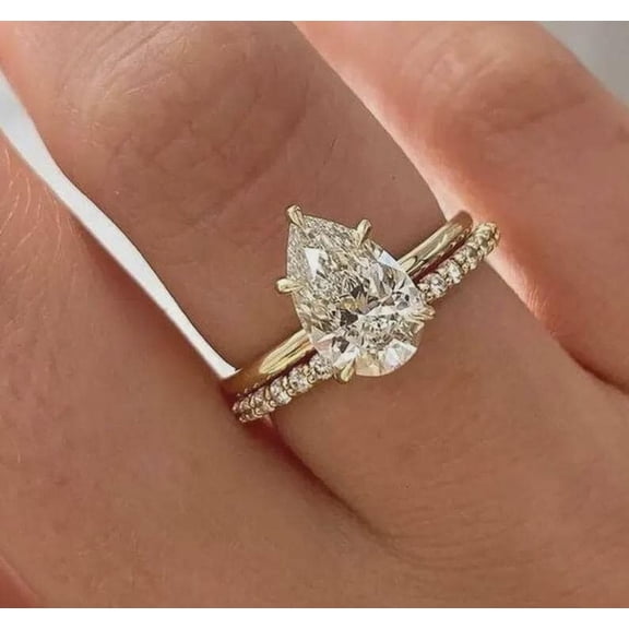 3Ct Pear Cut Lab Created Diamond Bridal Engagement Ring In 14K Yellow Gold Plated