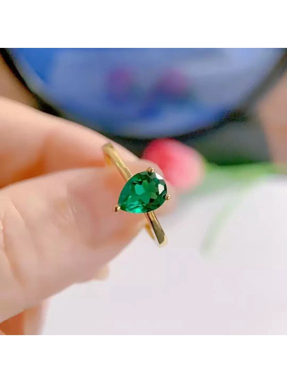 3Ct Pear Cut Lab Created Green Emerald Solitaire Engagement Ring 14K Yellow Gold Plated