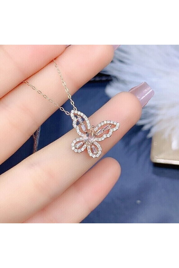 3Ct Pear Cut Lab Created Peach Morganite Women Butterfly Pendant 14K Rose Gold Plated Silver