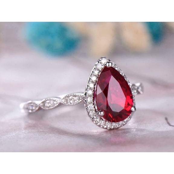 3Ct Pear Cut Lab Created Red Ruby Women Engagement Ring 14k White Gold Plated Silver