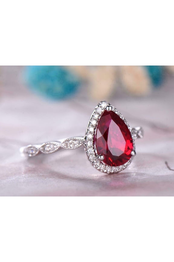 3Ct Pear Cut Lab Created Red Ruby Women Engagement Ring 14k White Gold Plated Silver
