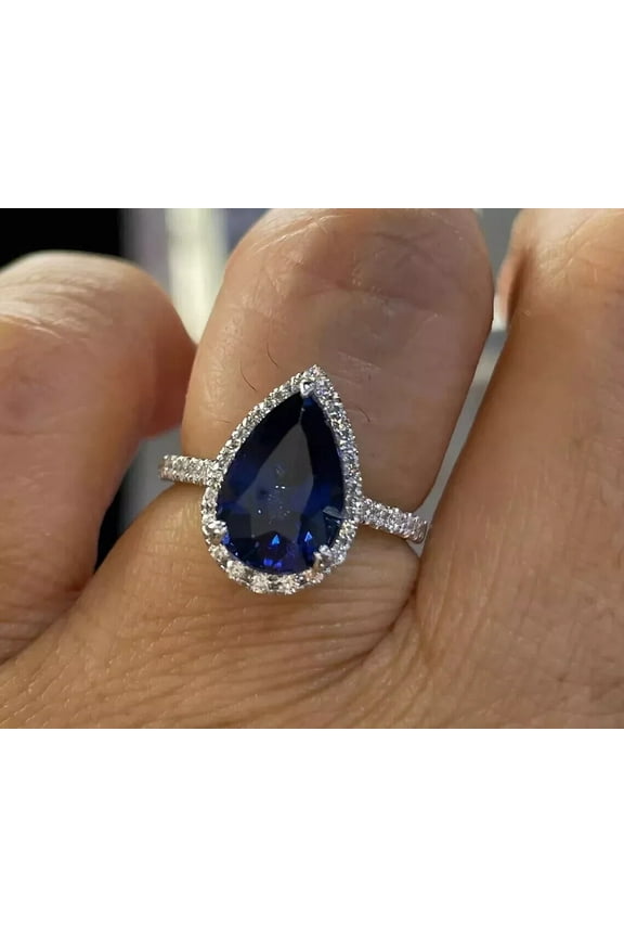 3Ct Pear Cut Simulated Blue Sapphire Women's Halo Engagement Gift Ring 14K White Gold Plated